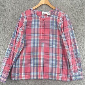Vermont Country Store Top Womens Medium Pink Plaid 1/4 Button Front Long Sleeve